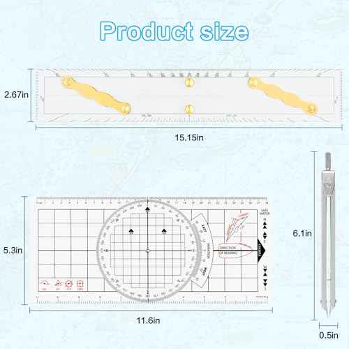 Ironwarrior 3 Pcs Basic Navigation Set,Including 15inch Parallel Ruler with Brass Arms, Nautical Protractor, and 6 Inch Marine Fixed Points Divider, Marine Accessories with Clear Scales for Boat
