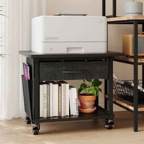 2 Tier Industrial-Grade Printer Stand with Storage, Printer Table with Storage & Drawer, Heavy Duty Shelf for Small Space, Office Organization for Home Office (Obsidian Black)