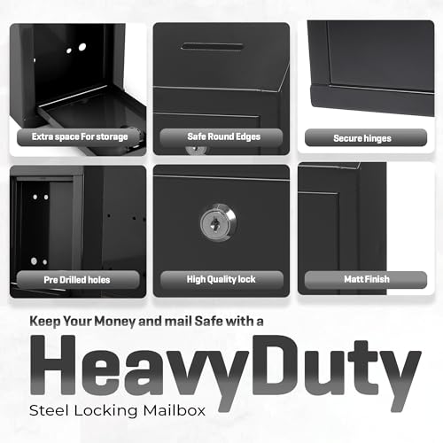 My Charity Boxes Wall Mount Metal Donation Drop Box with Lock, 10x6x2.5 Inches, Black
