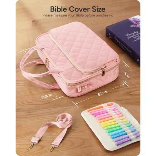 Bible Journaling Kit ? Quilted Bible Cover Case for Women, 31 Highlighters, 75 Tabs, Bible Study Supplies & Christian Gift for Women and Teens (Shoulder Strap, Blush Pink)