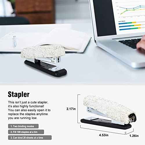 Bling Crystal Luxury Handmade Diamond Round Pencil Pen Pot Holder & Stapler & Card Holder & Desktop Tape Dispenser Office Stationery Kit for Fashion Girls Women(White)