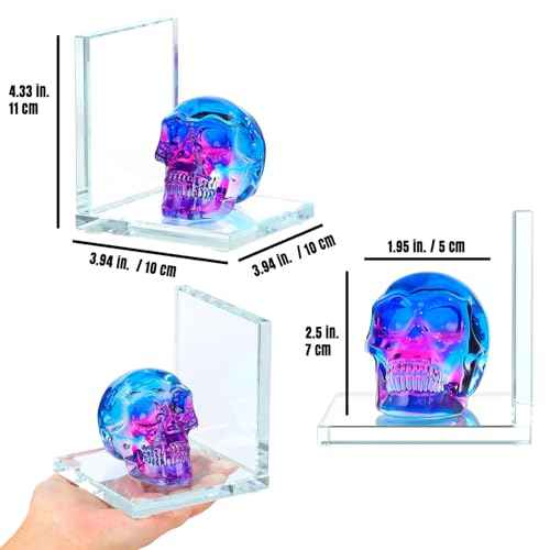 Book Ends for Shelves, Glass Bookends with Blue and Purple Crystal Skull, Day of The Dead Decor, Non Skid Sturdy Crystal Decorative Bookends for Heavy Books, Office, Set of 2