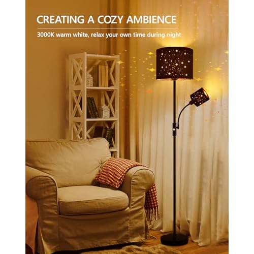 Floor Lamp Black, Reading Standing Lamps for Living Room, 62" Tall Torchiere Lamp for Kids Room, 3-Way Switch, Star-Gold Lampshade, Modern Goth Decor for Bedroom/Office, Bulbs Not Included(E26 Base)