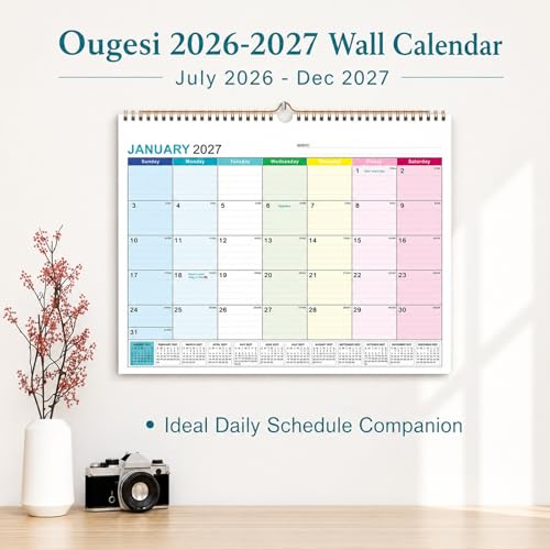 Ougesi 14''x11'' Colorful 18-Month Wall Calendar 2026-2027 Jul-Dec Academic Planner