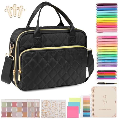All-in-One Bible Journaling Kit ? Quilted Bible Cover Case for Women, 31 Highlighters, 75 Tabs, Bible Study Supplies & Christian Gift for Women and Teens (Shoulder Strap, Black)