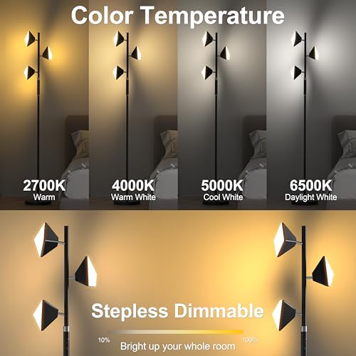 PARTPHONER RGB Tree Floor Lamp for Living Room, Stepless Dimmable Tall Standing Lamp with Remote, Touch Control and 3 Rotatable Light, Bright LED Lights for Bedroom with 4 Color-Changing, Black