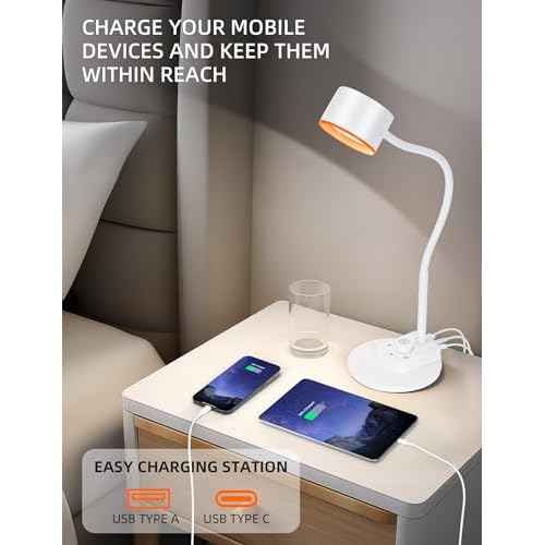 LED Desk Lamp, 1200LM for Home Office, Fully Dimmable Bedside Reading Lamp with USB C + A Charging Ports, 5 Colors, 12W Gooseneck Lamp, Metal Small Table Lamps for Bedroom Living Room White