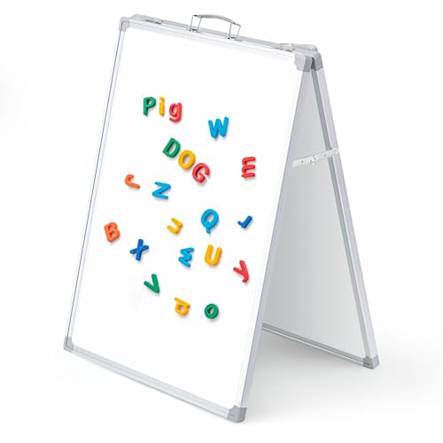 Lincia 24 x 18 Inch Portable Dry Erase Board with Stand, Foldable White Board Double Sided Whiteboard Easel, Silver Aluminum Frame with Metal Handle for Office Home School Teaching Demonstration