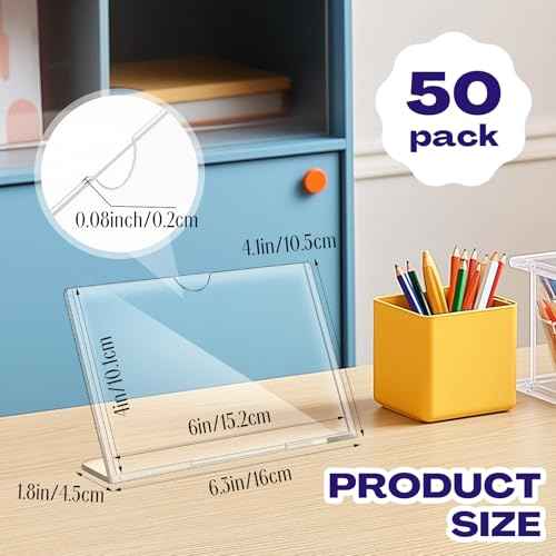 50 Pack Acrylic Sign Holder 4x6 Bulk Slanted Back Acrylic Holder Clear Plastic Picture Frames 4x6 Plastic Paper Sign Holders Clear Tabletop Stands for Display for Office, Home, Restaurant