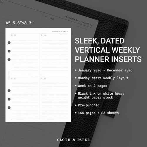 Cloth & Paper 2026 Dated Weekly Planner Inserts - Monday Start | A5 Size 5.8 x 8.3 Inches | Vertical Weekly Layout, 215 | Minimal Agenda Refill | 6 Ring A5 Binder Planner Inserts