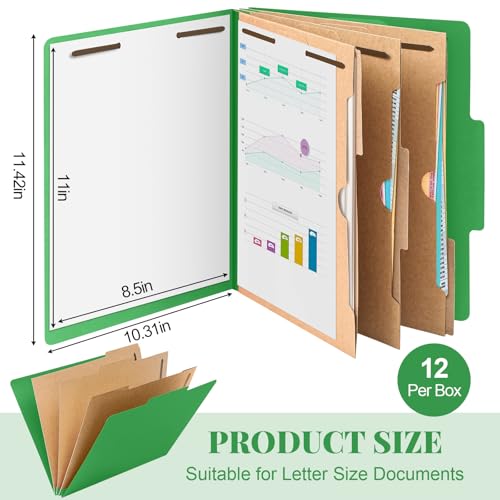 12 Pcs Classification Folders Letter Size 3 Pocket Dividers Employee File Folder with 2 Prongs Fasteners, 2 in Expansion Heavy Duty Pressboard File Holder for School Office Medical Document(Green)