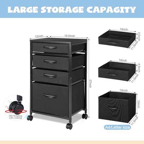 Chunful 4 Drawer Rolling File Cabinet Mobile Printer Stand Metal Cart with Fabric Vertical Filing Chest Wheels A4 Letter Size Under Desk Utility Craft Storage Organizer for Home Office (Black)
