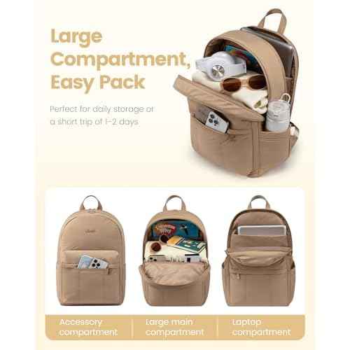 LOVEVOOK Puffer Backpack for Women Girl Travel Work, Lightweight Quilted Laptop Backpack Purse, Cute Bookbag Teacher Nurse Laptop Bag Computer Backpack, Waterproof Casual Daypack,17.3 Inch, Khaki