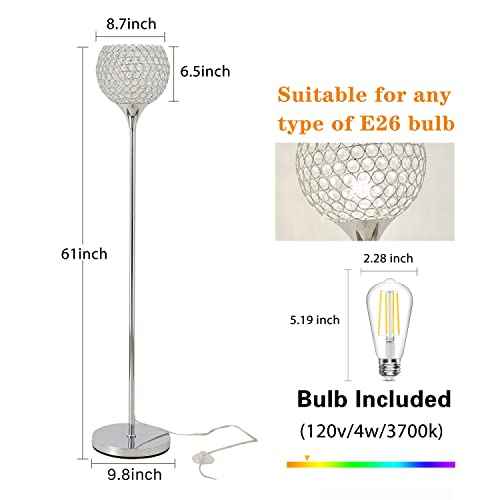 DFL Spherical Crystal Floor Lamp, 8.7 inch Shade Chrome Finish Lamp, Crystal Floor Lamp Fixture for Living Room, Bedroom, Dining Room, Office, E26 Base, LED Bulb Included
