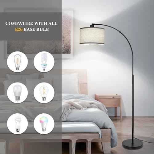 Black Arc Floor Lamps for Living Room,Modern Standing Lamp with Adjustable Drum Lampshade Tall Pole Lamp with Foot Switch Over Couch Arched Floor Light for Reading Bedroom 8W LED Bulb Included