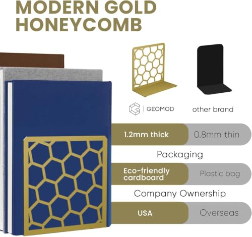GEOMOD Gold Geometric Honeycomb Metal Bookends - 2 Pair, Heavy Duty Home Office Shelving