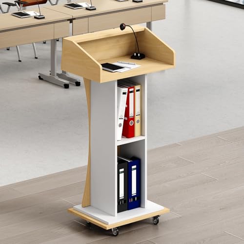 Oak Mobile Wooden Podium Lectern with Lockable Wheels, Storage—Xibolai
