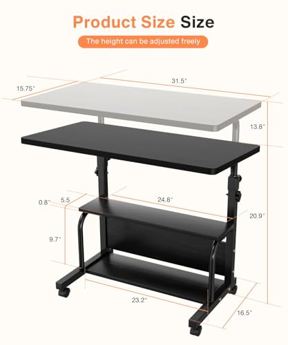 QZMDSM Black Adjustable Rolling Desk with Storage Shelves, 32 Inch Computer & Drafting Table