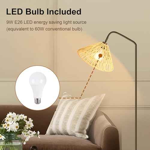 2025 Arc Floor Lamp with Paper Rope Shade Tripod Feet Floor Lamp Boho Style Natural Materials Standing Lamp for Bedroom Living Over Couch Reading Lamp