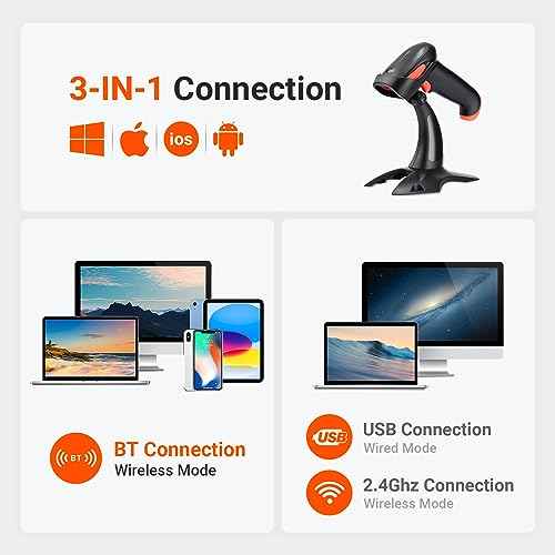 Tera Barcode Scanner Wireless 1D 2D QR with Stand: Battery Level Indicator 3 in 1 Works with Bluetooth 2.4G Wireless USB Wired Handheld Bar Code Reader with Vibration Alert HW0002 Orange