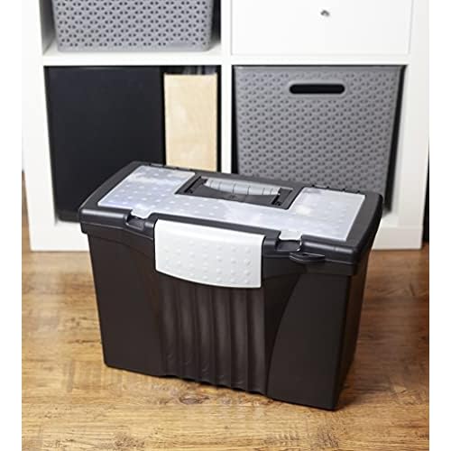 Storex Legal File Box with Organizer Lid ? Plastic Office File Storage Box for Letter and Legal Hanging Folders, Obsidian, 1-Count (61510A01C)