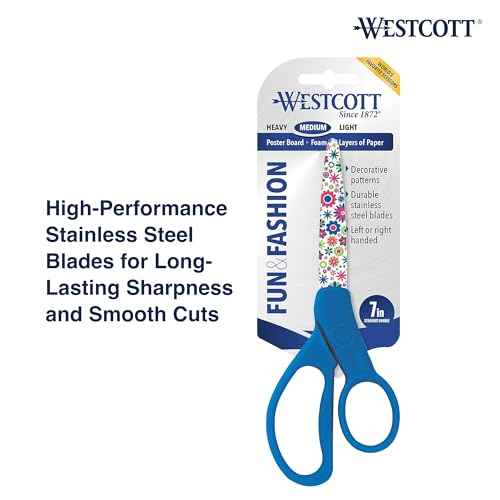Westcott Fun and Fashionable Student Scissors for Ages 12+, Stainless Steel Floral-Printed Blades, Back-to-School, School Supplies, Classroom Supplies, 7-Inch