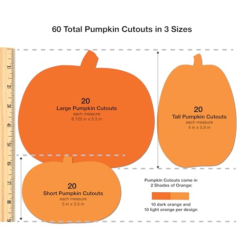 60 Pieces Pumpkin Cutouts for Fall Crafts and Classroom Decor, Orange Paper Shapes in Three Designs for Halloween Projects, Bulletin Boards, Autumn Activities, Double Sided USA Made Cardstock
