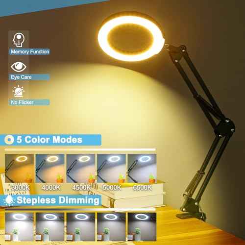 10X Magnifying Glass with Light and Stand, 5 Color Modes Stepless Dimmable 2-in-1 Lighted Magnifier with Clamp, LED Desk Lamp Hands Free for Crafts Hobby Reading Painting Sewing Close Work