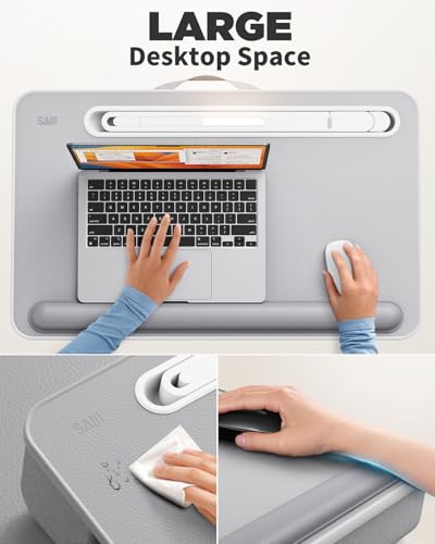 SAIJI Gray Portable Lap Desk with LED Light, Cushioned Bed Tray with Storage