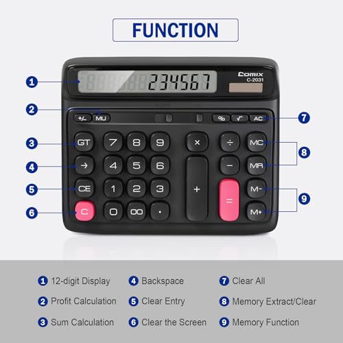 Comix Black Desktop Calculator 12-Digit Large Button Office Math Tool