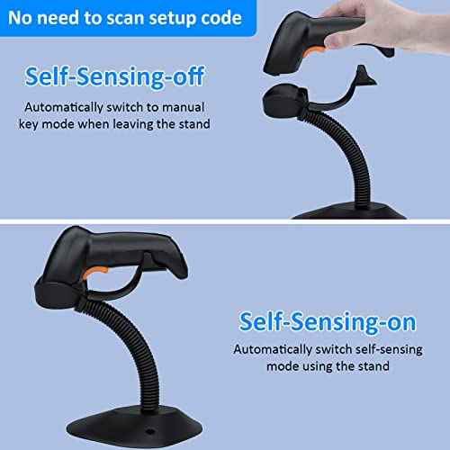 Symcode Bluetooth Wireless Barcode Scanner with Auto-Sensing Stand,Putting on Stand to Scan Automatically Sense Scanning 2D QR Bluetooth Barcode Scanner with Battery Level Indicator More-to-one Mode