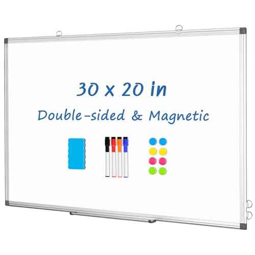 DOLLAR BOSS Dry Erase Whiteboard, 30 x 20 Inch Double-Sided Magnetic White Board for Wall Silver Aluminum Frame for Office School Home with 8 Magnets 4 Markers 1 Eraser 1 Detachable Pen Tray