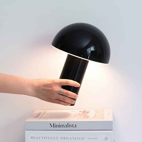 Brightech Celia Mood Lamp ? 10" Touch-Controlled Mushroom Table Lamp, Cordless & Dimmable LED, Portable Rechargeable Bedside Night Light, Sustainable Recycled Modern Patio Lamp for Home D?cor ? Black