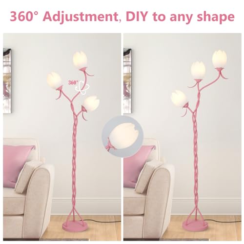 HMVPL Pink Flower Floor Lamp for Bedroom, 3-Light Floral Floor Lamp with 3 LED 5W Blubs, Foot Switch, Cute Girls Standing Lamp with Acrylic Shade, Gooseneck Lotus Flower Tall Lamp for Living Room Kids