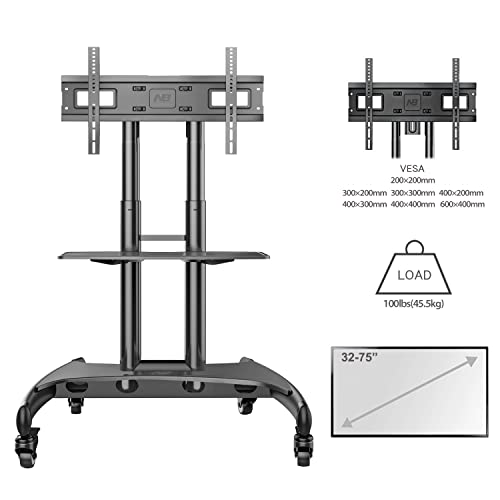 NB ERGONOMIC UL Listed Mobile TV Cart 32-75" TV Stand with Wheels, Black