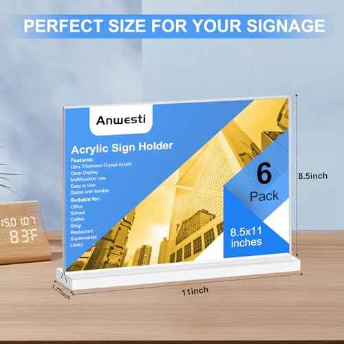 Acrylic Sign Holder 11x8.5 Horizontal Double-Sided Plastic Display Sign Holder for Table Menu, Flyer, Office Acrylic Sign Holer 6 Pack
