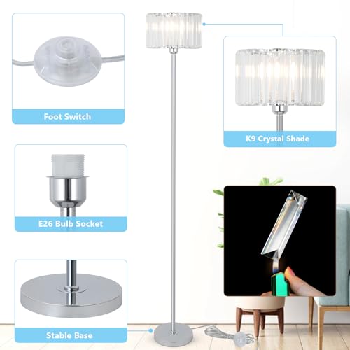 HMVPL Crystal Floor Lamp, Chrome Pole Floor Lamp with K9 Crystal Shade, Silver Standing Lamp with On/Off Switch, Modern Corner Tall Lamp for Living Room Bedroom Nursery Office Home Decor