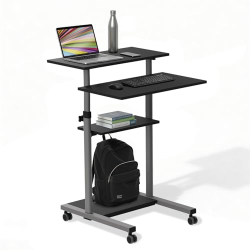 Mount-It! Grey Rolling Standing Desk on Wheels, 54.7" Adjustable Height, 27.5" Wide Mobile Workstation