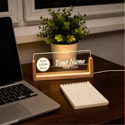 Personalized Light Up Acrylic Desk Name Plate with Walnut Base - LOGO Edition
