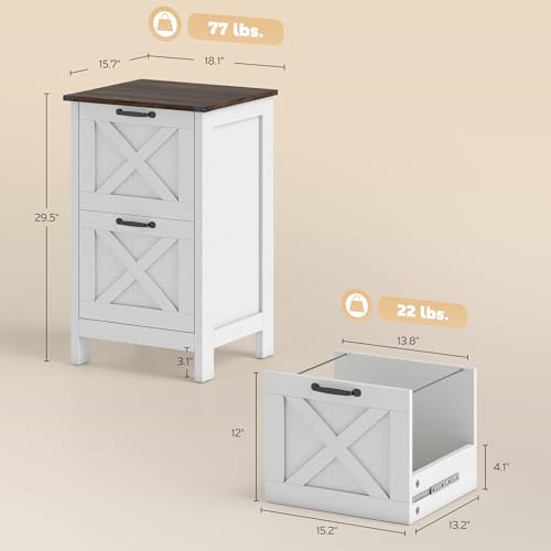 HOMCOM 2 Drawer Vertical File Cabinet with Silent Slides, Rustic Farmhouse Filing Cabinet with Barn Doors for A4/Letter Size, Printer Stand with Storage for Home Office, Distressed White