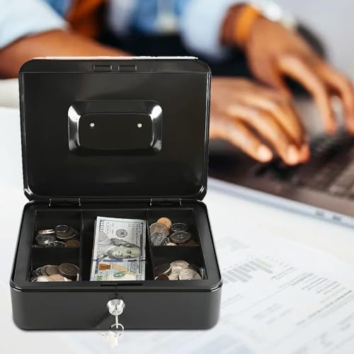 xydled Black Metal Cash Box with Key Lock, Medium Secure Storage for Coins & Bills