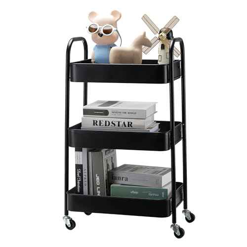 SETTFRFE 3 Tier Metal Utility Cart with Wheels,Rolling Storage Cart for Office,Bathroom,Dorm,Kitchen,Black