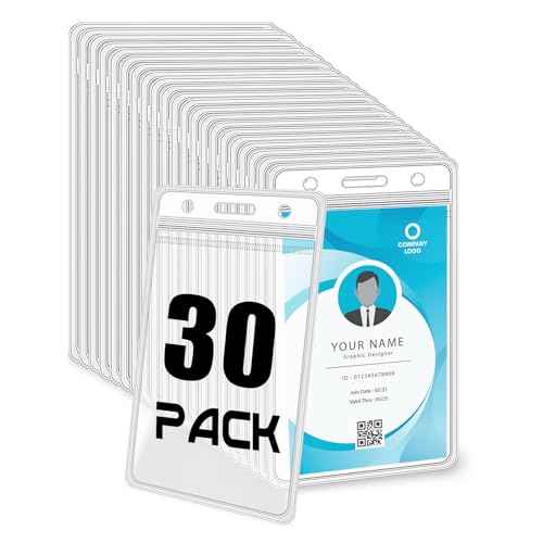 BESARME 30 Pack Vertical ID Badge Holders Clear Plastic Waterproof Card Holder Resealable for Office Worker Teacher