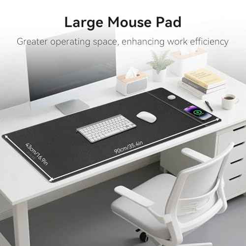 Wireless Charging Mouse Pad, 35.4"x16.9" XXXL Large Office Desk Pad with Ultra-Smooth Surface,Non-Slip Base, Classic Black Waterproof Computer Desk Mat for MacBook, PC, Laptop