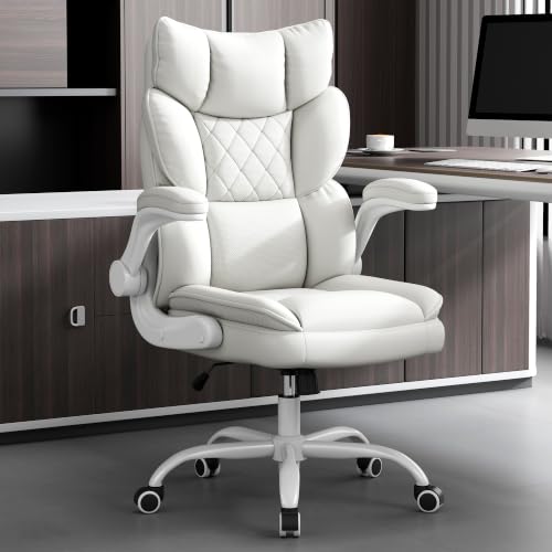 Vonesse White Office Chair with Flip-Up Armrests, Dual-Layer Backrest & PU Leather