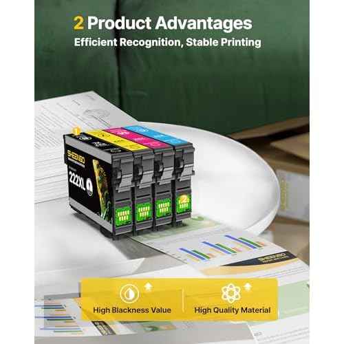 SHEENGO 222XL Ink Cartridges Combo Pack Remanufactured Replacement for Epson 222 Ink Cartridges for Epson Ink 222 222 XL for Epson Workforce WF-2960, XP-5200 Printer (4 Pack, 222 Ink)