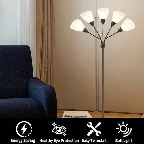 HonoDing Medusa Floor Lamps Standing Lamps 5 Heads Adjustable Reading Light Large Shade Use E26 A19 Bulb Floor Lamps for Living Room Bedroom (Black)