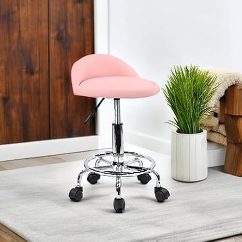 KKTONER PU Leather Round Rolling Stool with Foot Rest Height Adjustable Swivel Drafting Work SPA Task Chair with Wheels (Pink)