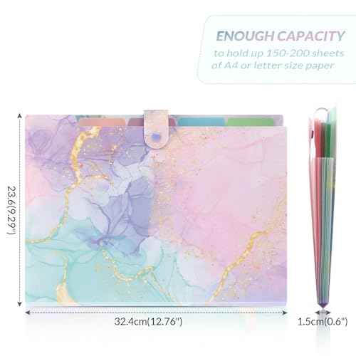 SKYDUE Expanding File Folder with 5 Pockets, Cute Accordion File Organizer, Letter Size Filing Folder, Letter Size Folders for Documents, School Office Supplies Marble Pink