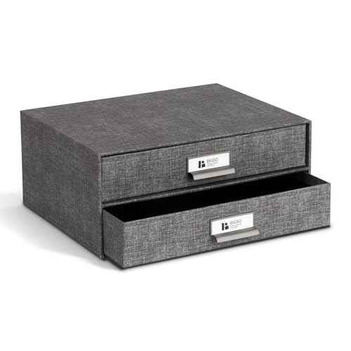 Bigso Birger 2-Drawer Canvas Fiberboard Easy Pull Handle Box - Desktop Drawers for A4 and Letter Size Papers - Desk Drawers with Metal Label Holder - 13.1in x 10in x 5.7in - Melange Grey